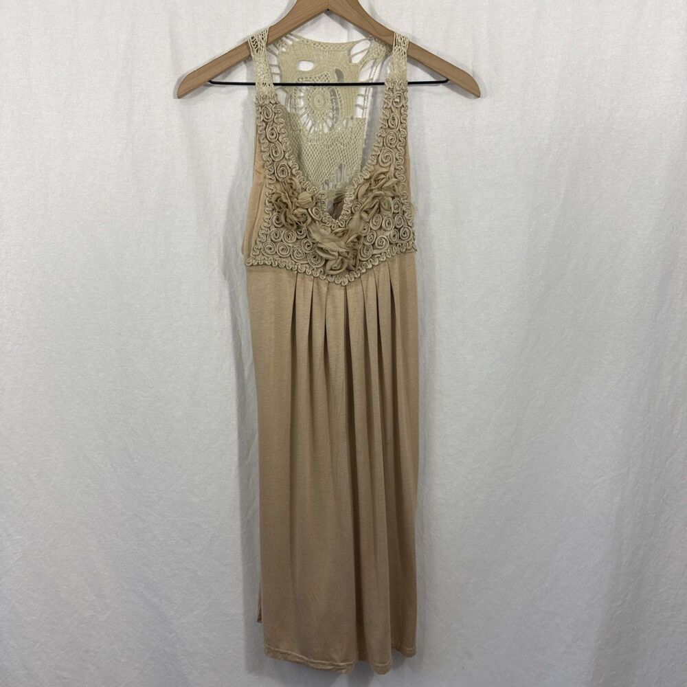 Pretty Angel Womens Sz M Tan Floral Babydoll Silk Blend Dress Romantic Boho